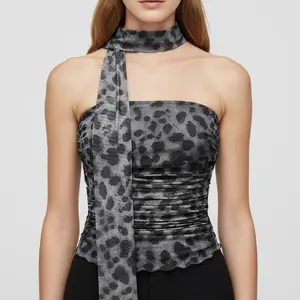 Women's Cheetah Print Tube Tops Mesh Sleeveless Strapless LeopardFit Ruched Cropped Tanks with Scarf