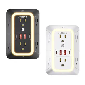 Space Saving Multi Plug Outlet Adapter 2 Pack Black and White, 1050J Surge Protector Power Strip with 6 AC Outlets 4 USB Ports and Night Light for Bedroom Home Office Travel
