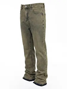 Men's color-block frayed hem slightly flared jeans, mud-yellow stretch slim-fit denim pants, multi-layer retro washed vintage craftsmanship, a must-have for Y2K streetwear and high-street outfits