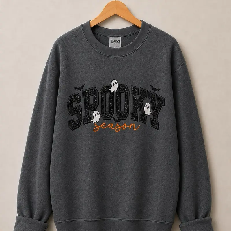 Spooky Season Embroidery with Appliqué sweatshirt womenswear love crewneck Sweatshirt fashion Sweatshirts Casual Long Sleeve Tops Pullover Embroidered Everyday Style Unisex Halloween