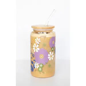 Anemone Garden Can Glass | Floral Iced Coffee Glass with Bamboo Lid & Straw