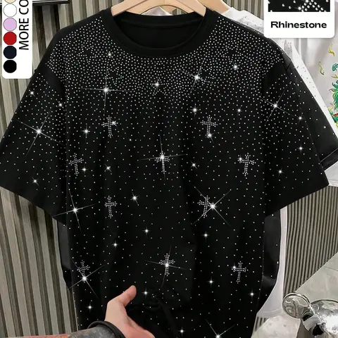 Unisex Rhinestone Cross Pattern Sleeves T-Shirt, Street Style Casual Glam Top, Sparkling Fashion Design, Perfect for Daily Wear & Night Out, Fit, Evening