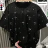 Unisex Rhinestone Cross Pattern Sleeves T-Shirt, Street Style Casual Glam Top, Sparkling Fashion Design, Perfect for Daily Wear & Night Out, Fit, Evening