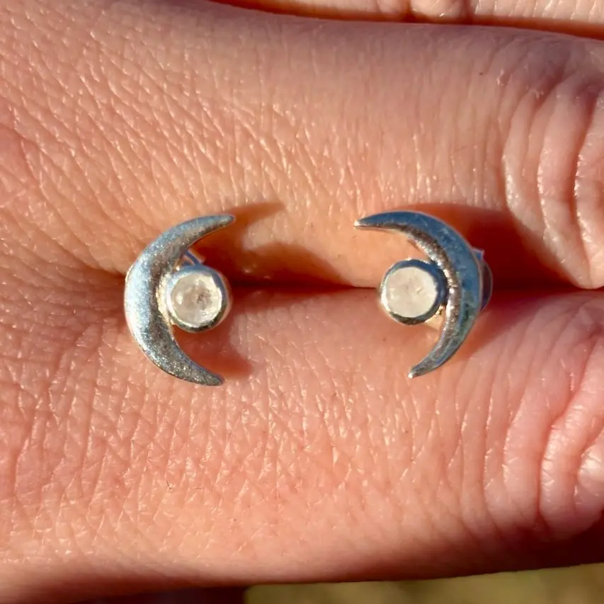 Sterling Silver Rainbow Moonstone Crescent Moon Stud Earrings