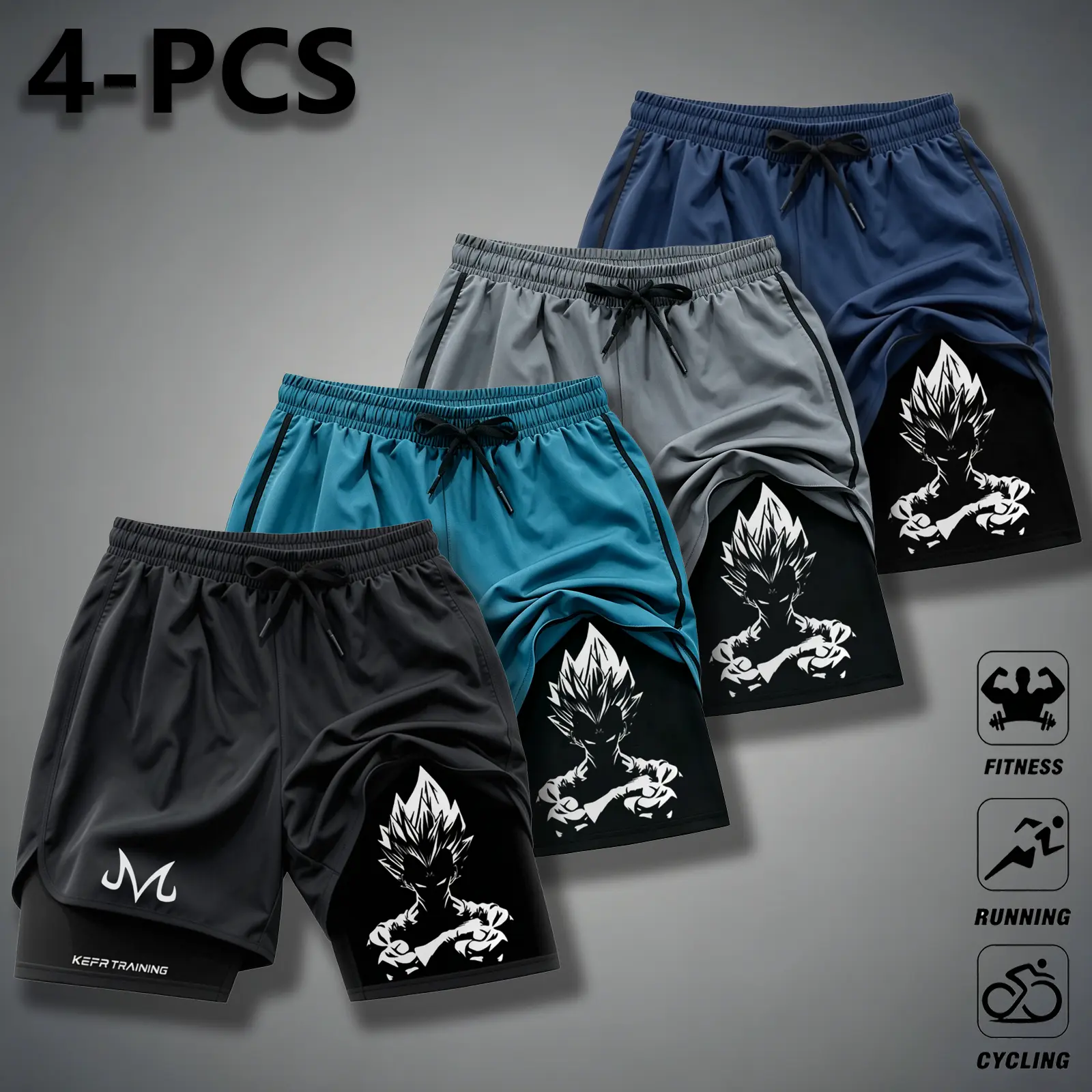 Men’s 4pack Silhouette 2in1 running shorts, anime doublelayer quickdry sports shorts with Majin symbol print, elastic drawstring design, fitness training shorts, minimalist dragon ball anime pattern jogging shorts, anti-exposure lining jogging shorts