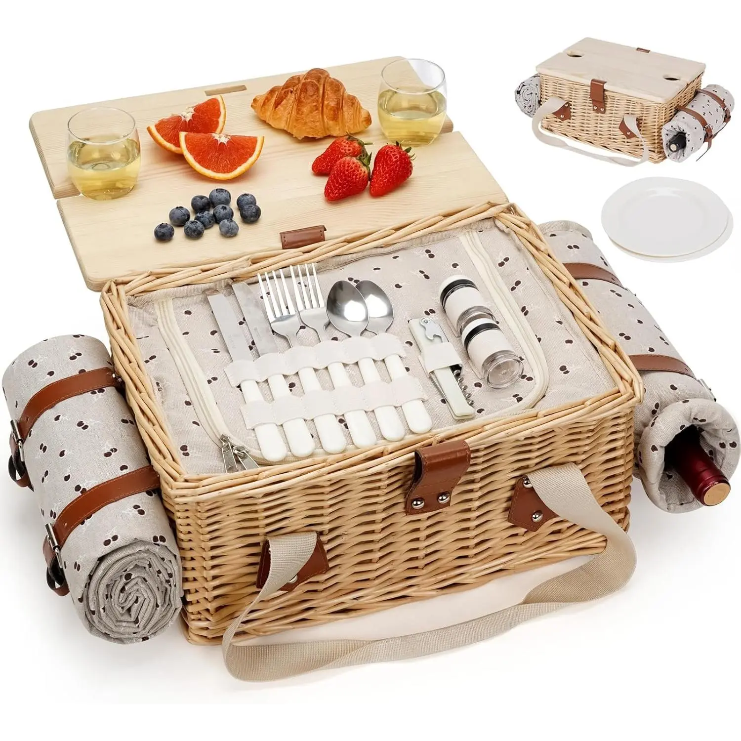 Picnic Basket for 2,  Wicker Picnic Set with Folding Table and  Blanket, Large Insulated Picnic Basket with  Bag & Cutlery Kit for Picnic, Camping, Holidays (Cherry)