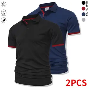 Men’s polo shirt set, casual stylish loungewear, solid short sleeves, contrast collar, breathable everyday/golf shirt,summervibes