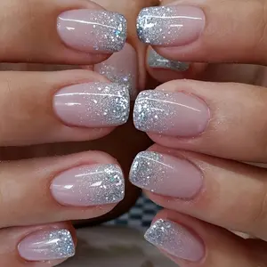 Set of 24 Short Square Press-On Nails, Adorned with Glitter Powder, Providing Full Coverage for Women.