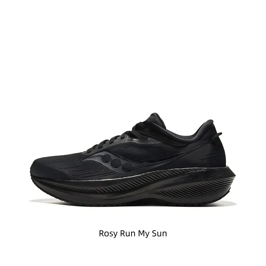Lightweight solid black breathable knit athletic trainers with curved ribbed bounce thick sole, built for long road jogs, treadmill cardio and high-intensity indoor gym workout sessions.