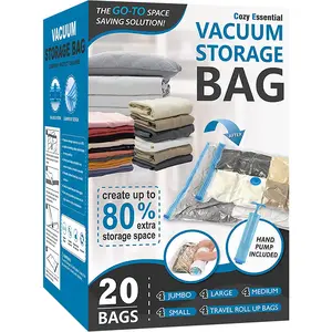 20 Pack Vacuum Storage Bags, Space Saver Bags (4 Jumbo/4 Large/4 Medium/4 Small/4 Roll) Compression for Comforters and Blankets, Sealer Clothes Storage, Hand Pump Included Cozy Essential