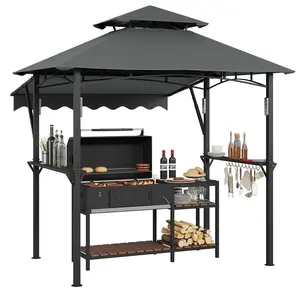 9' x 5' Grill Gazebo Canopy with Extra 7' x 3' Awning, Heavy Duty Steel Frame, Double-Tiered Outdoor Grill Canopy with Shelves, 10 Hooks & LED Lights for Patio BBQ Backyard,Grey