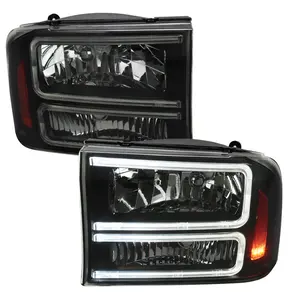 1999-2004 F-250/F-350/F-450/F-550/2000-2004 Excursion Euro Factory Style Headlights with Dual LED C-Bar & Amber Reflectors (Jet Black Housing/Smoke Lens)