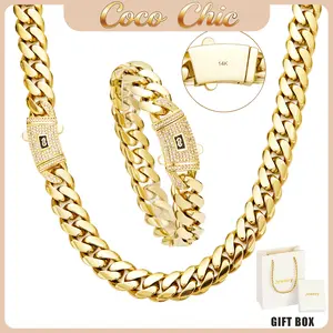 【Hot Selling】14K Gold Plated Cuban Link Chain Necklace & Bracelet Set, hip hop Stylish Men's Jewelry Accessories, Classic Chains for Men Fashion Everyday Wear Stainless Steel Miami y2k luxury gift box fall deal punk jewelry
