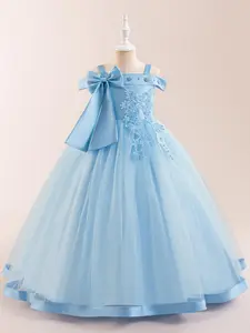 Girl's Cold Shoulder Faux Pearls Decor Contrast Lace Bow Tulle Formal Dress, Elegant Zipper Back Satin Fit & Flare Dress for Party Wedding Guest, Kids Clothes for All Seasons, Tulle Strap Dress