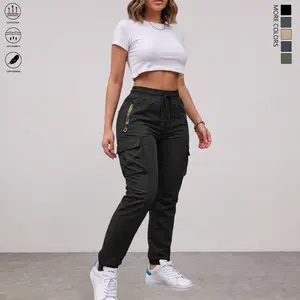 Women’s Lightweight No-Stretch Straight-Leg Cargo Bottoms - Drawstring Adjustable Waist, Multiple Pockets, Stylish Zippered Pockets, All-Season, Ideal for Outdoor Activities & Everyday Wear
