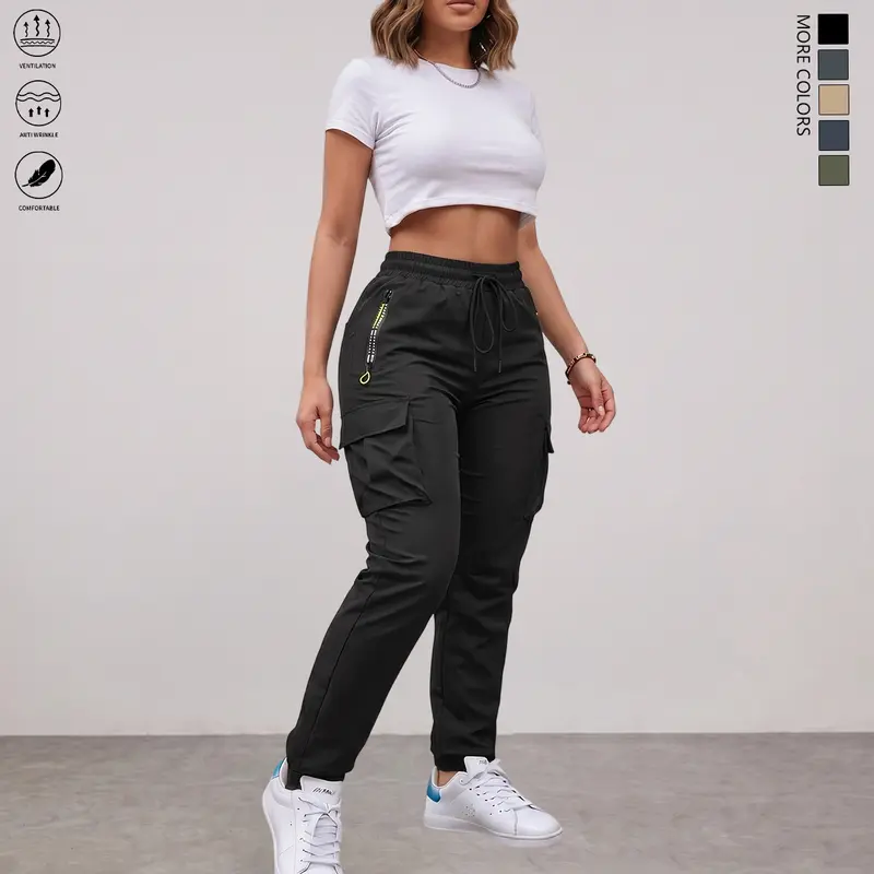 Women's Lightweight No-Stretch Straight-Leg Plain Cargo Trousers - Basic Work Pants Women with Elastic Drawstring Waist, Multiple Pockets, Fashion Zippered Pocket, All-Season Utility Bottoms for Outdoor & Everyday Wear