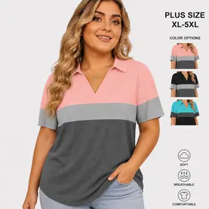 ROSRISS Women's Plus-Size Breathable Rayon V-Neck Collared Short-Sleeve Polo Shirts - Summer Loose-Fitting Color Block Feminine Tops, Everyday Elegant Casual Clothes Style RPS2149 outdoorfun