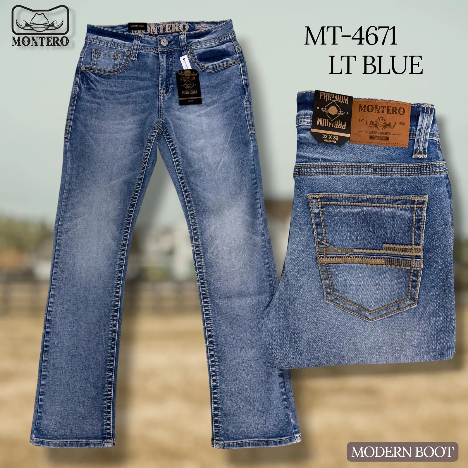 PANTALON MODERNO BOOT MT4671 MEZCLILLA STRECH MED BLUE Y BORDADOS CAFE Comfortable & Flexible Modern Boot Design for Casual Wear