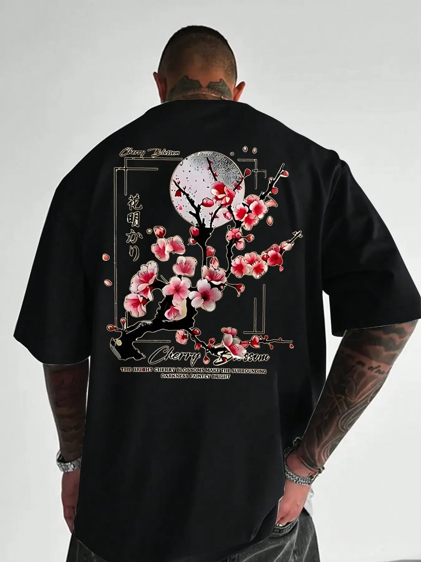 Plus Size Men's Japanese Cherry Blossom Moon Print Loose Aesthetic Cultural T-Shirt, Floral Japanese Text Print, Casual Long Sleeve Top, Menswear