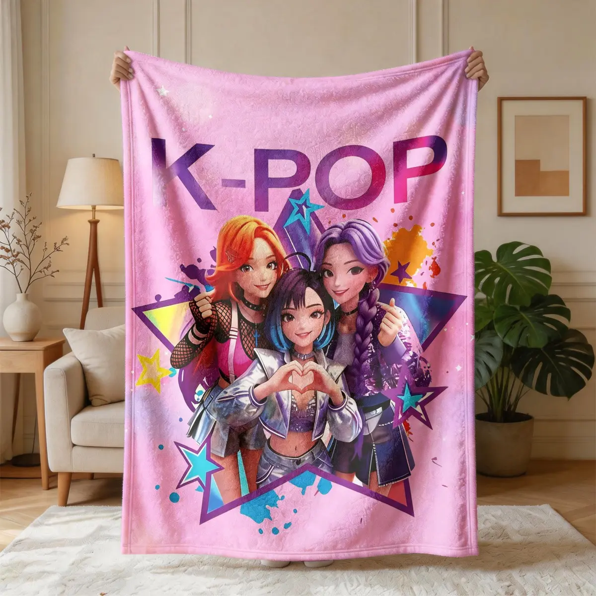K-Pop Girl Group Illustration Flannel Blanket, Soft Blanket Throw, Large Size, Soft and Lightweight, Perfect for All Seasons, Ideal for Bed, Sofa, Office, Camping, Travel