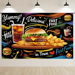 Vibrant Reusable Polyester Fast Food Banner, Hamburger And Fries Themed Backdrop for Birthday Party Wall Decoration