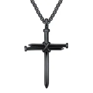 OIDEA Men's Nail Cross Pendant Necklace, Polished Stainless Steel (Black, Gold, Silver Tones), 2.2" Charm, 22.04" Long Length Chain Jewelry Necklace, Long Length Necklaces, Chain Jewelry Necklaces