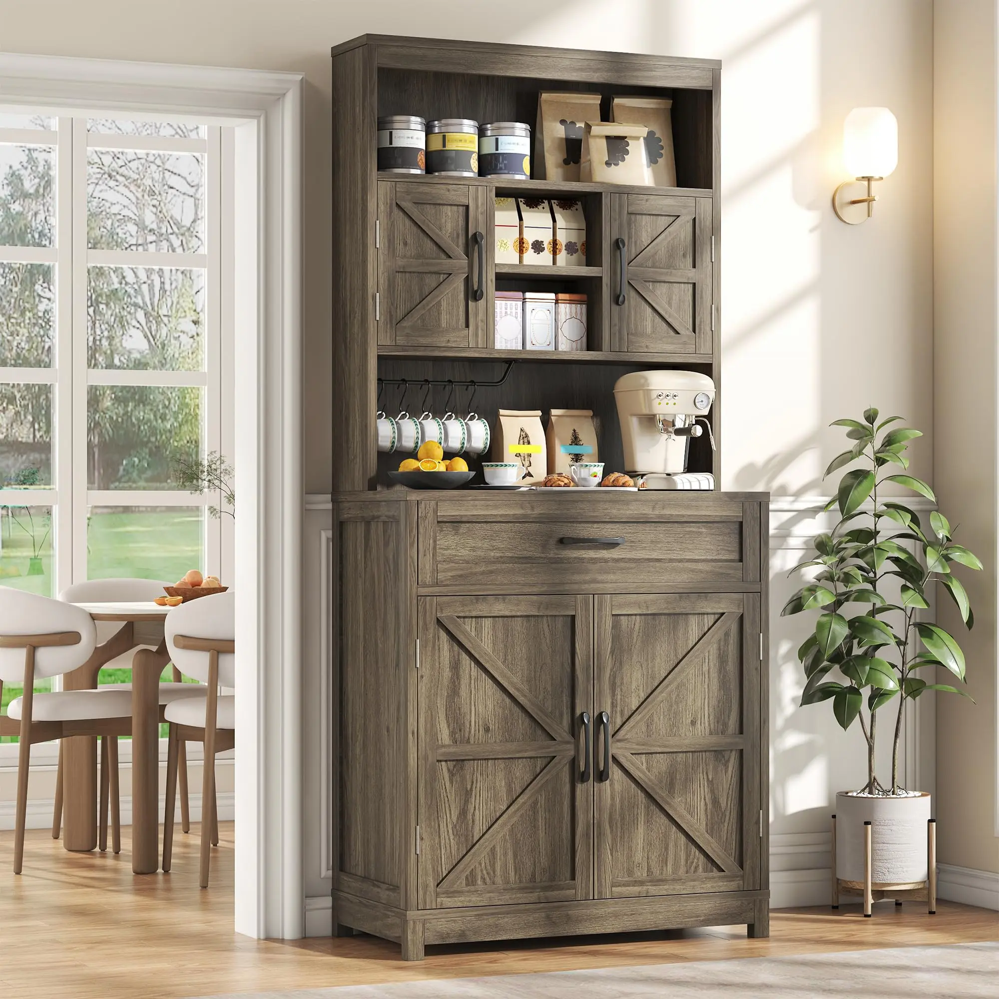 69.3-in Tall Durable Craftwood Floor Cupboard - Double-Door Barn Door Look French Country Kitchen Sideboard with Drawers, Multiple Shelves, Wide Countertop, Charging Holes, Anti-Tip Safe, Assembly Required, Space-Saving Home Storage Cabinet