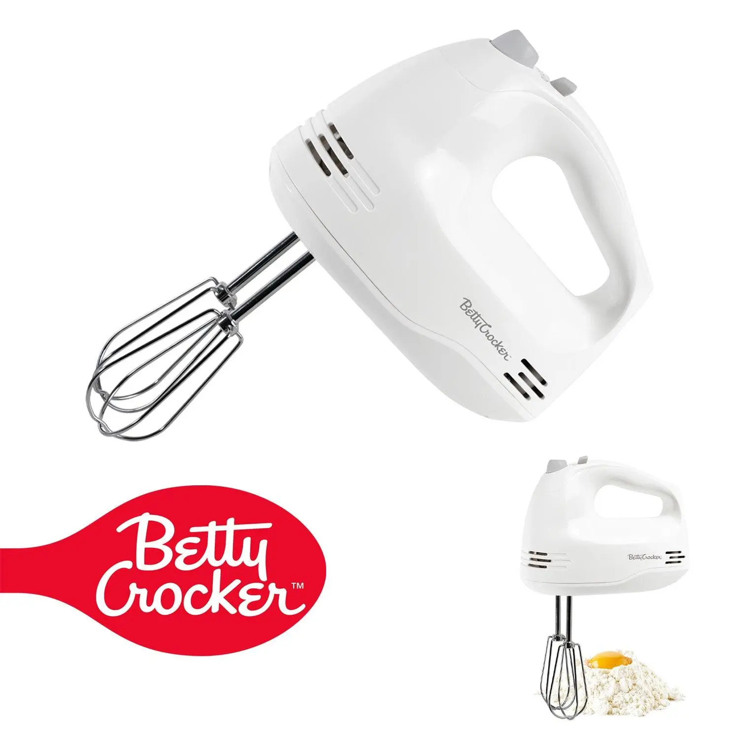 Betty Crocker 5-Speed Hand Mixer, 150 Watts Power, Easy-Clean Chrome Plate Beaters, Beater Eject Button, Heel Rest, Sleek Compact Design, Apartment Essentials, BC-4203WT, White