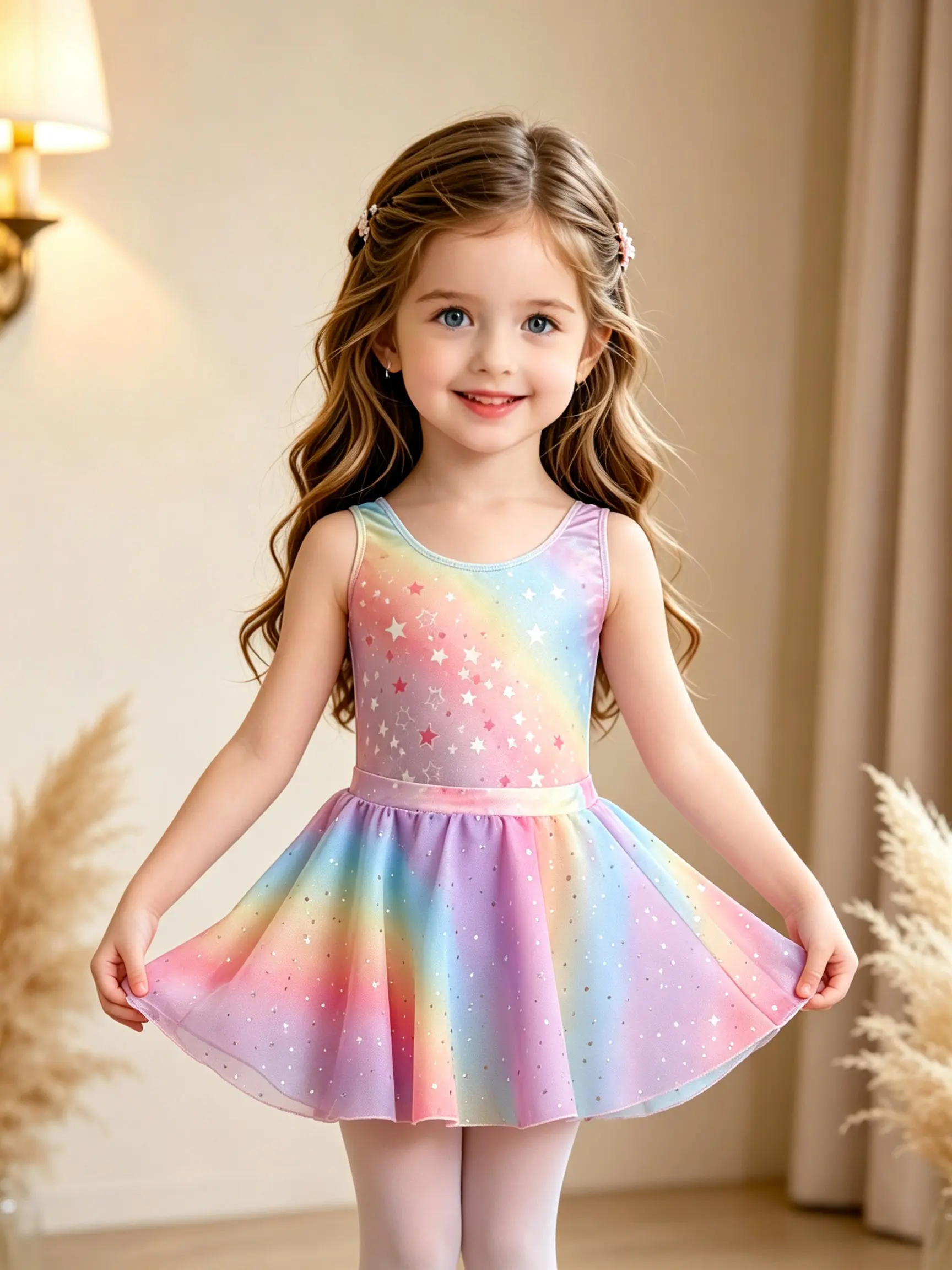 Toddler Girls Rainbow Gradient Star Print Sleeveless Ballet Leotard Sparkle Glitter Dot Tulle Tutu Skirt Soft Stretch Gymnastics Dance Costume for Ballet Practice Stage Performance