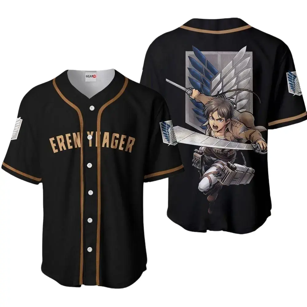 Eren Yeager Attack on Titan Anime Baseball Jersey - Premium Lightweight Breathable Survey Corps Cosplay Button Down Shirt Jersey, Perfect Gift for Anime Fans