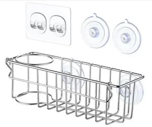 3-In-1 Sponge Holder for Kitchen Sink with Suction Cups & Adhesive Hook, In-sink Sponge Holder, Wall Hanging Sink Caddy Organizer Rack - Sponge, Dish Cloth, Brush, Scrubber - 304 Stainless Steel