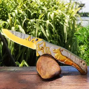 Gold Folding Knife with 3D Wolf Pattern, Great Gift for Men Outdoor Camping Hiking Hunting