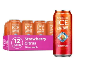 Sparkling Ice Caffeine Strawberry Citrus Sparkling Water with Caffeine, Zero Sugar, with Antioxidants and Vitamins,16 fl oz Cans (Pack Of 12)