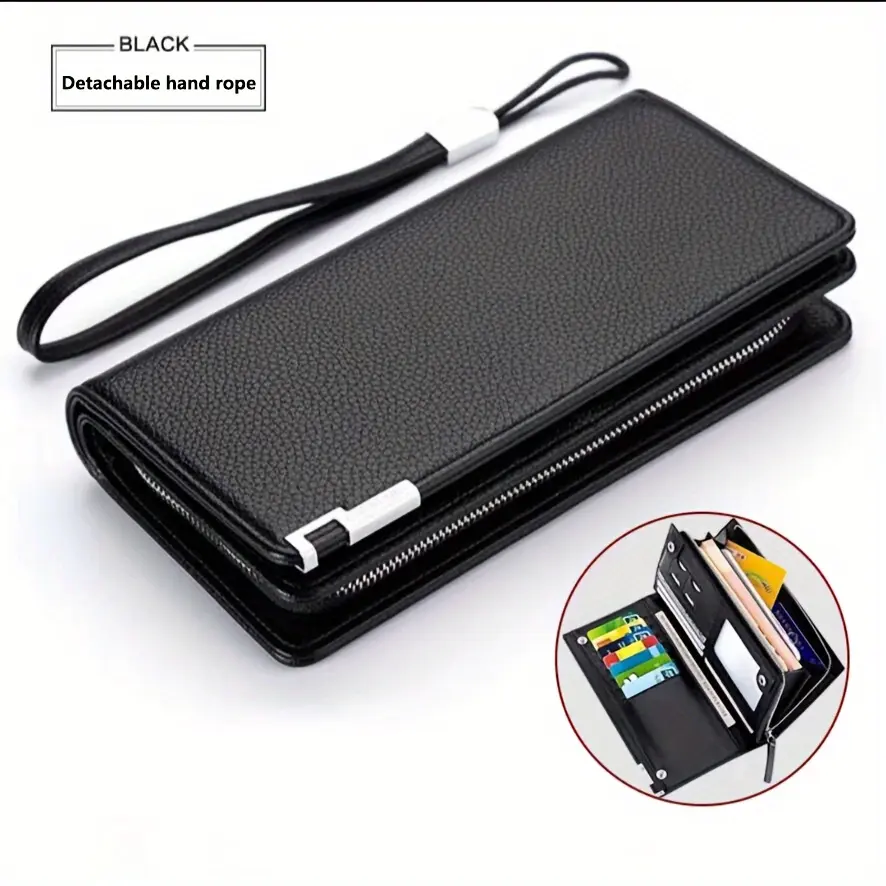 1 piece men's wallet, long style, large capacity, casual and trendy phone and card holder, driver's license zipper faux leather bag, new model, Minimalist Bifold with RFID Protection