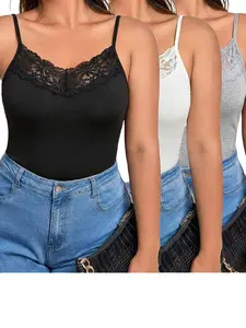 Women's 3-Piece Set All-Season Underwear, Contrast Lace Spaghetti Strap Sleeveless Top, Breathable Solid Color, Fitted Yoga Wear, Chic Elegant Inner Outer Vest