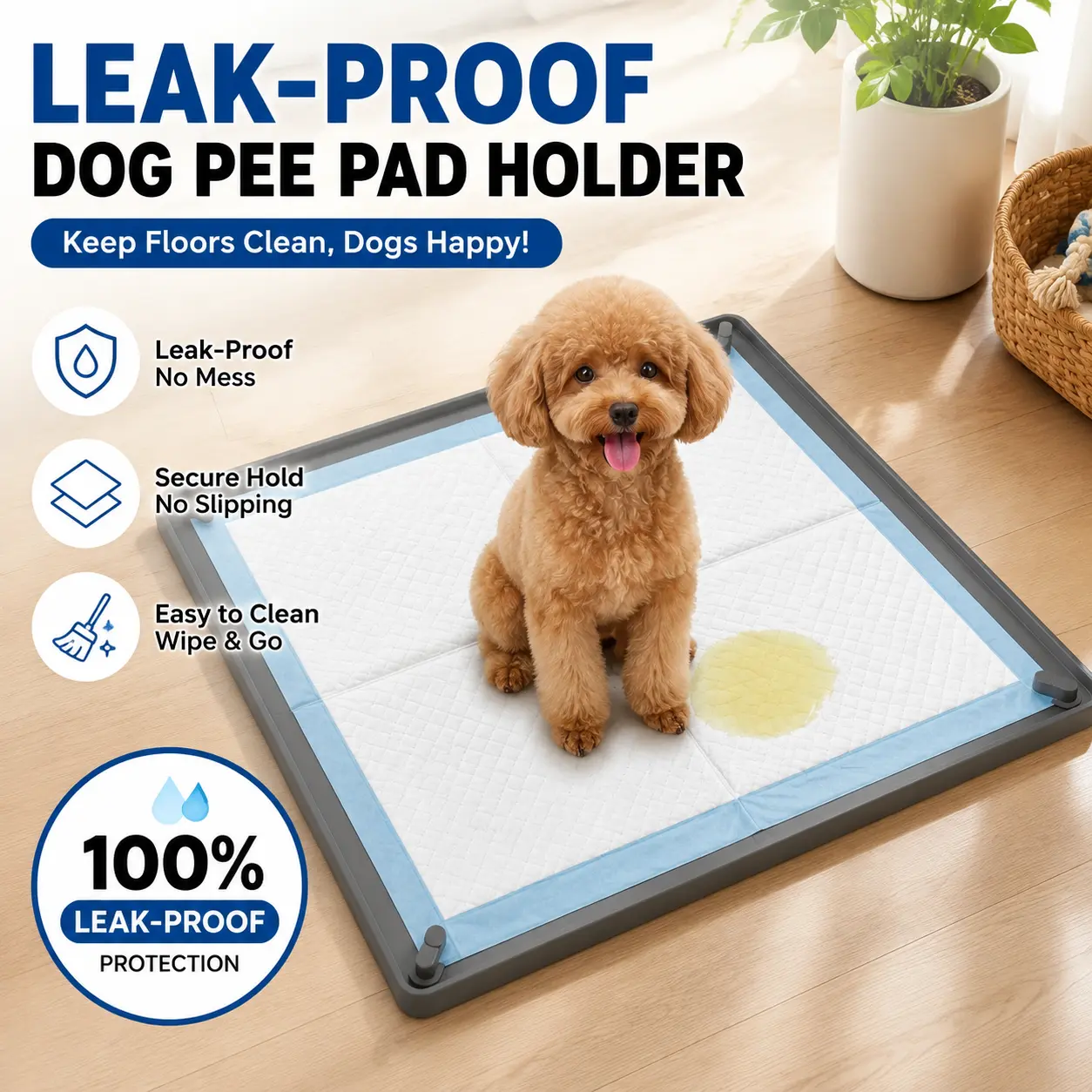 Foldable Pee Pad Holder for Dogs with 4 Magnetic Clips Lock, Peewee Pad Holder Tray with Raised Edges, Silicone Potty Pad Training Holder for Indoor Flooring Protection