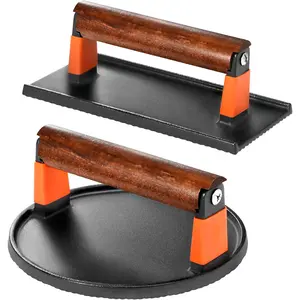 Cast Iron Burger Press Kit, 7" Round and 8"x4" Rectangle Smash Burger Press Set for Grill and Griddle Cooking, 2 count Meat Press with Wooden Handle for Bacon, Hamburgers, Eggs, Sandwiches