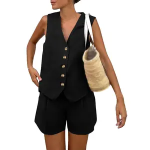 Women's Summer 2 Piece Outfits Sleeveless Matching Sets Button Down V Neck Vest Waistcoat and Pockets Shorts