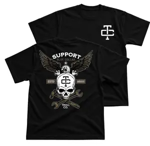 Troll Co Support Blue Collar Skull T-Shirt, Tradesman Workwear Graphic Tee With Eagle Wings And Tools Back Print, Front Chest TC Logo Shirt, Mechanic Garage Apparel Gift for Men and Women