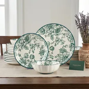 18/24-piece cutlery set, including plates and bowls, featuring a green rose floral pattern. Suitable for 6-8 people to dine, with scratch-resistant and wear-resistant properties, and a stackable design. Can be used in microwave ovens and dishwashers.