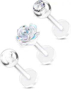 3 count Plastic Helix  , Clear Lip  Retainers for , Cute Flower Lip Rings, 16G Flat  Cartilage Tragus Lobe Earrings for Women and Men-8mm
