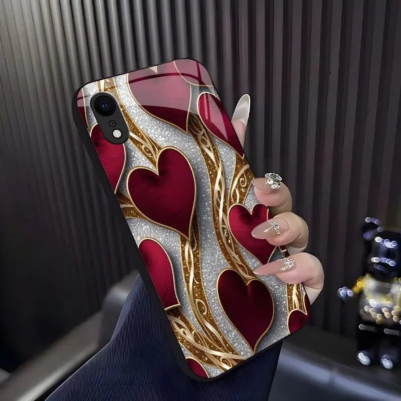 Luxurious romantic heart case for iPhone XR, elegant gold trim love pattern cover, best gift for her, anniversary, aesthetic phone accessory — 975