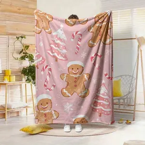 1pc Flannel Blanket With Gingerbread Men, Candy Canes & Trees - Soft Pink & Brown Winter Throw - All-Season Cozy Bedspread, Halloween, Birthday Mother's Day Size