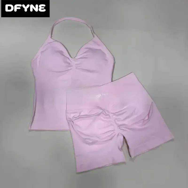 DFYNE Women’s 2-Piece Seamless Workout Set – Halter V-Neck Tank Top & Ruched Butt Lifting Biker Shorts