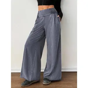 Casual Solid Color Knit Loose Wide-Leg Washed Pants, Petite Version For Women Grey Pants,Fall Clothes For Women,Chic Pants For Women,Casual And Simple Bottoms Day