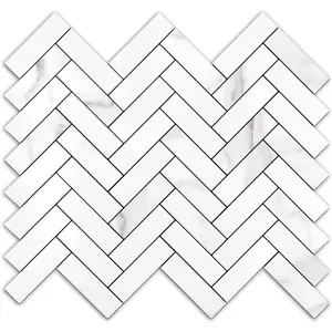 10 Sheets Herringbone Peel and Stick Backsplash, Stick on Aluminum Composite PVC Backsplash, Marble White Mixed Light Grey Look Self Wall Tiles