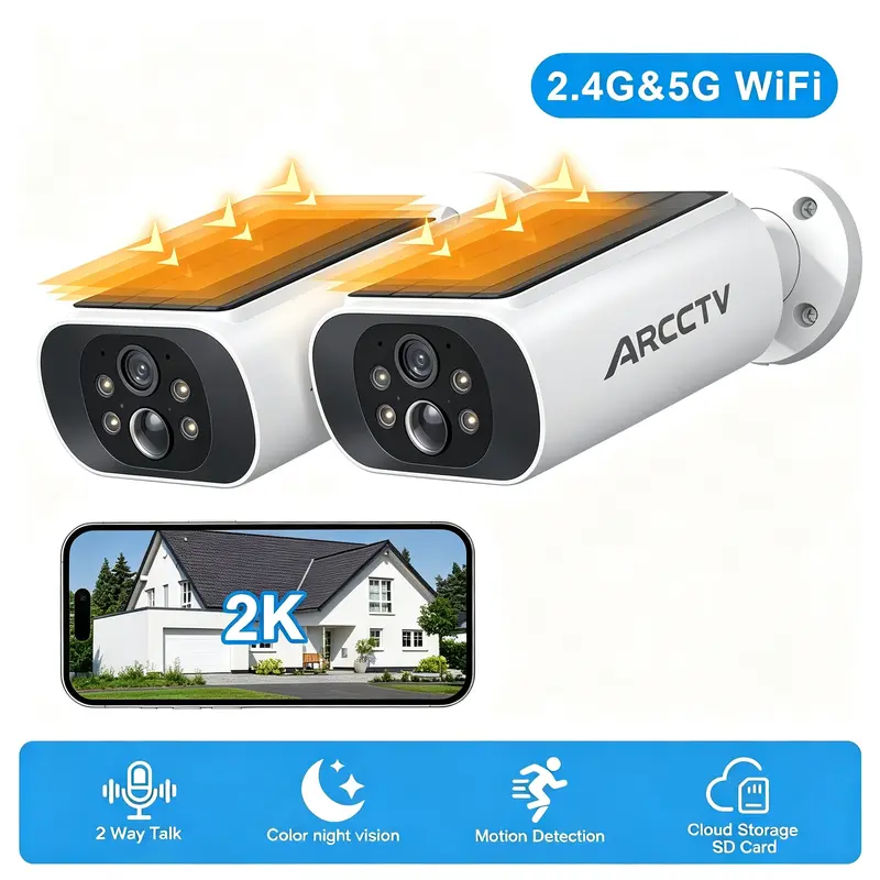 ARCCTV Trend 4MP Cordless Solar Security Camera - 2.4G&5G WiFi Outdoor Camera, Wall Mount, IP65 Waterproof, Lithium Ion Battery, PIR Motion Sensor, Color Night Vision, 2-Way Talk, Works with Alexa, Micro SD Compatible