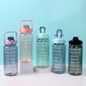Large Motivational Water Bottle with Straw Time Marker BPA Free for Sport and Fitness (64 Oz/Half Gallon) Reusable