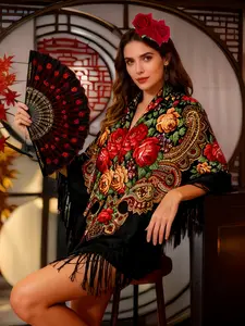 3pcs Women's Traditional Mexican Shawl Set, Floral and Geometric Patterns, Fringe Decor, Rose Hair Clip, Fan, Flamenco Dance, Elegant Embroidery, Embroidered Scarf, Shawl Wrap, Fringe Trim Shawl