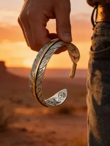 Bohemian Feather Cuff Bracelet, Vintage Silver Color Wide Adjustable Bangle, Textured Natural Gift, Classic Retro Design, Fashion Jewelry, Feather Pattern, Unisex Appeal, Adjustable Fit, Cuff Bracelet Type